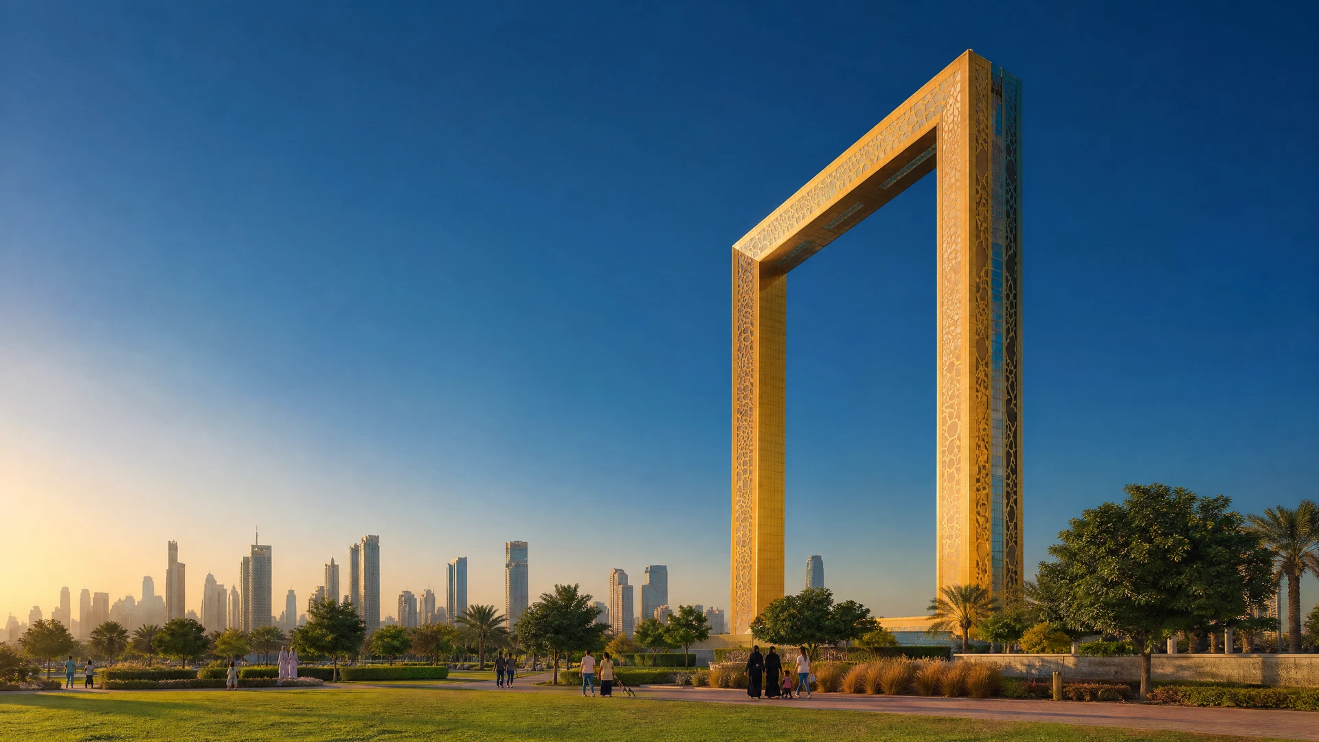 Illustrative view of Dubai Frame and its surrounding cityscape
