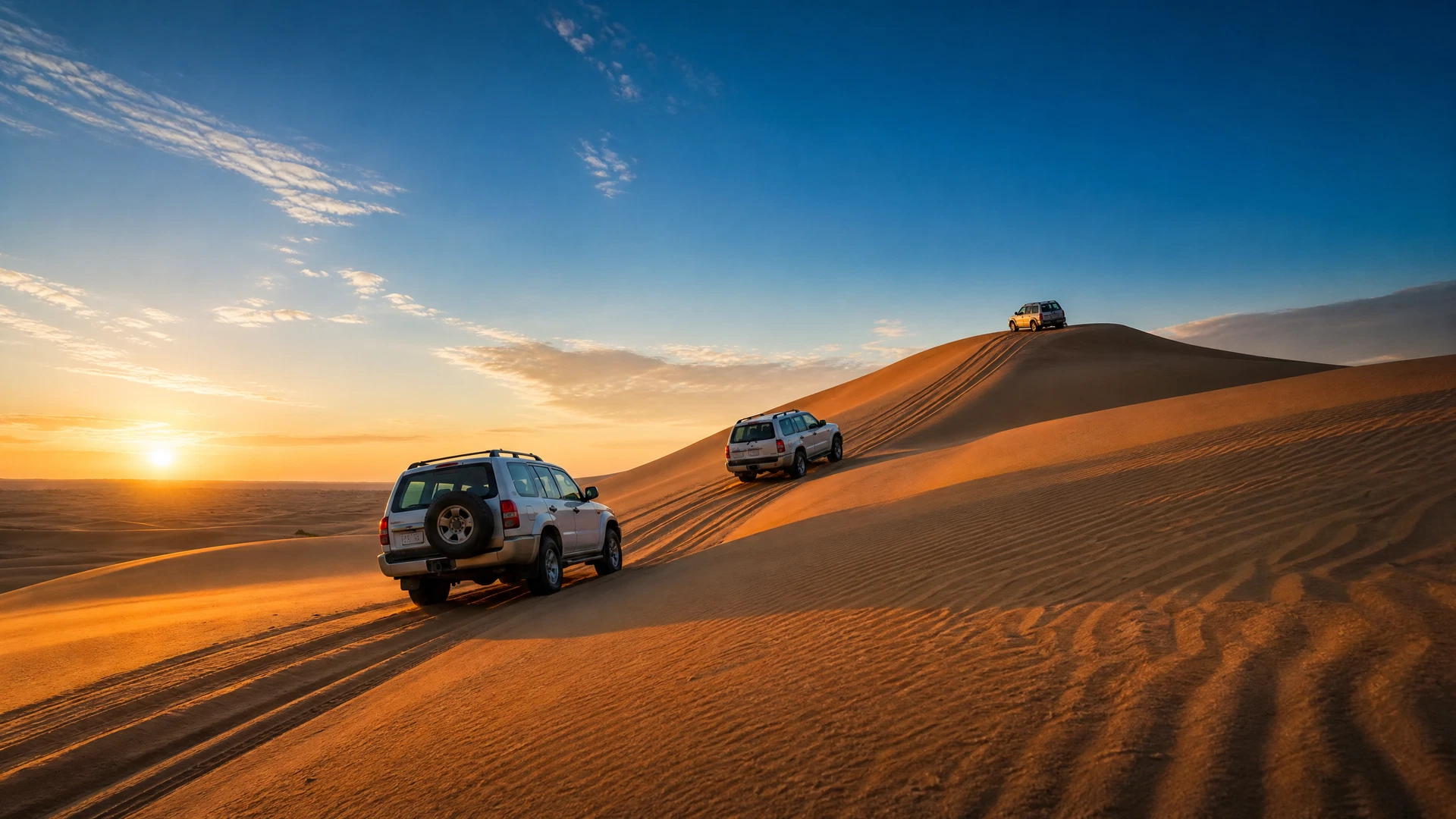 Illustrative 4x4 desert-safari vehicles among golden dunes