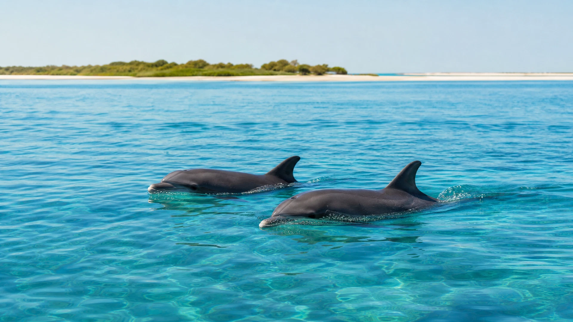 Illustrative dolphins surfacing in a calm coastal lagoon