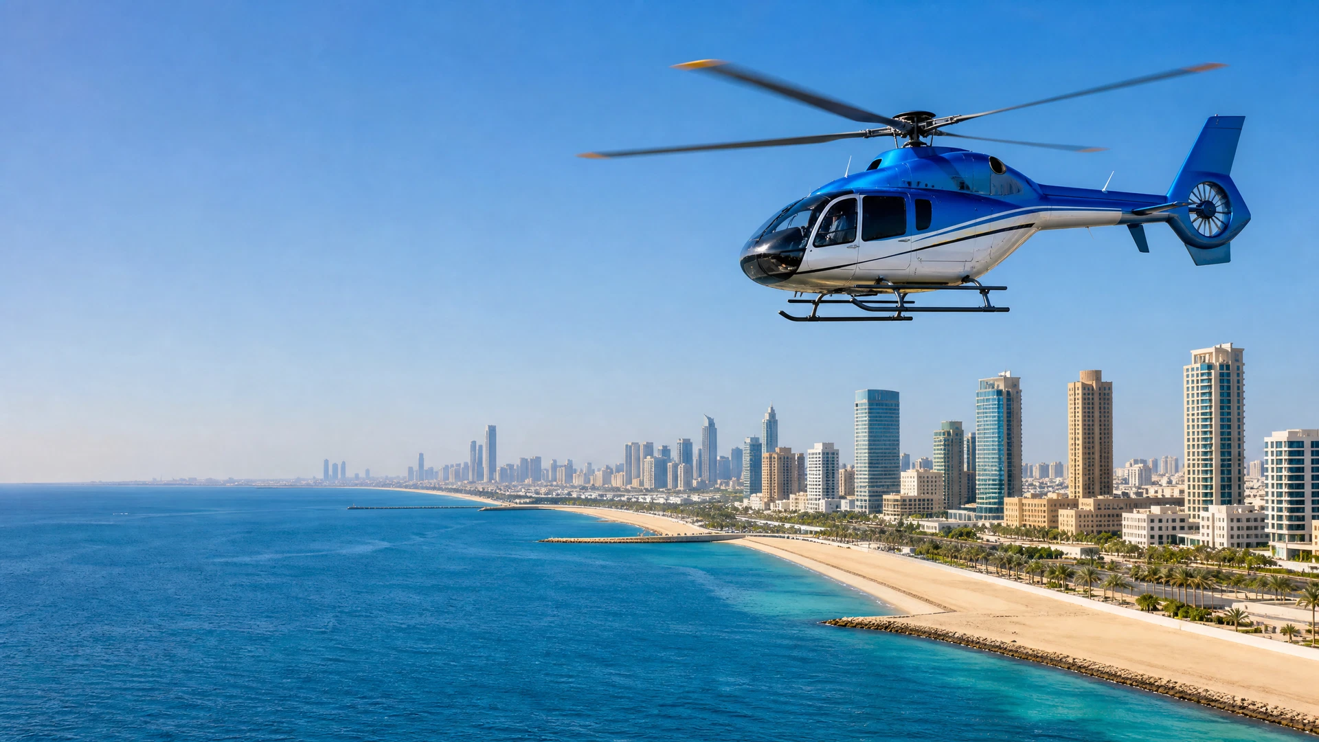 Illustrative sightseeing helicopter over a Gulf city waterfront