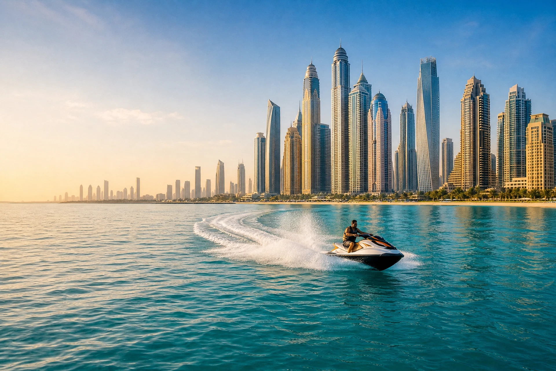 Illustrative jet ski on a UAE waterfront