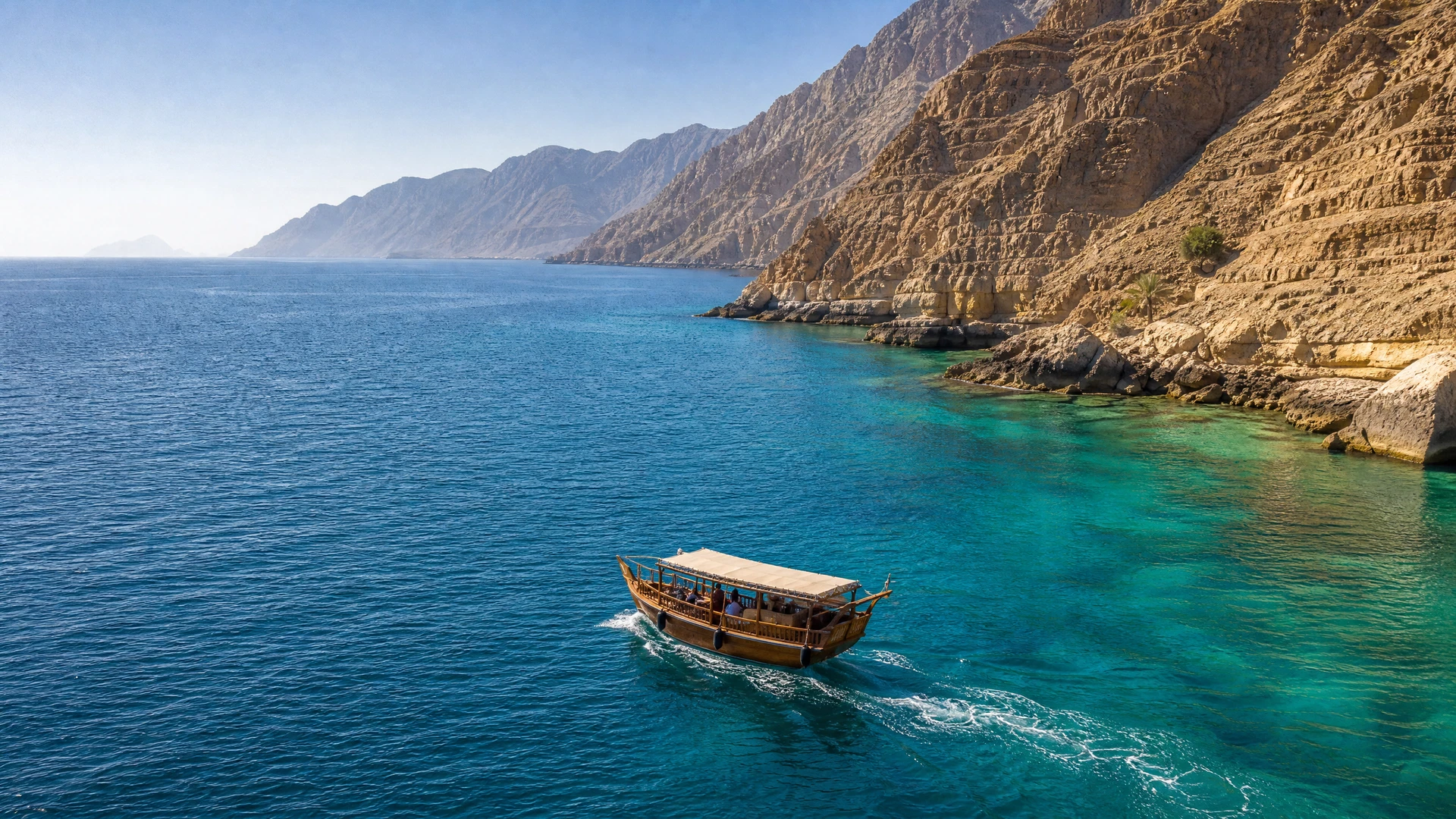 Illustrative coastal mountains and clear water on an Oman travel route