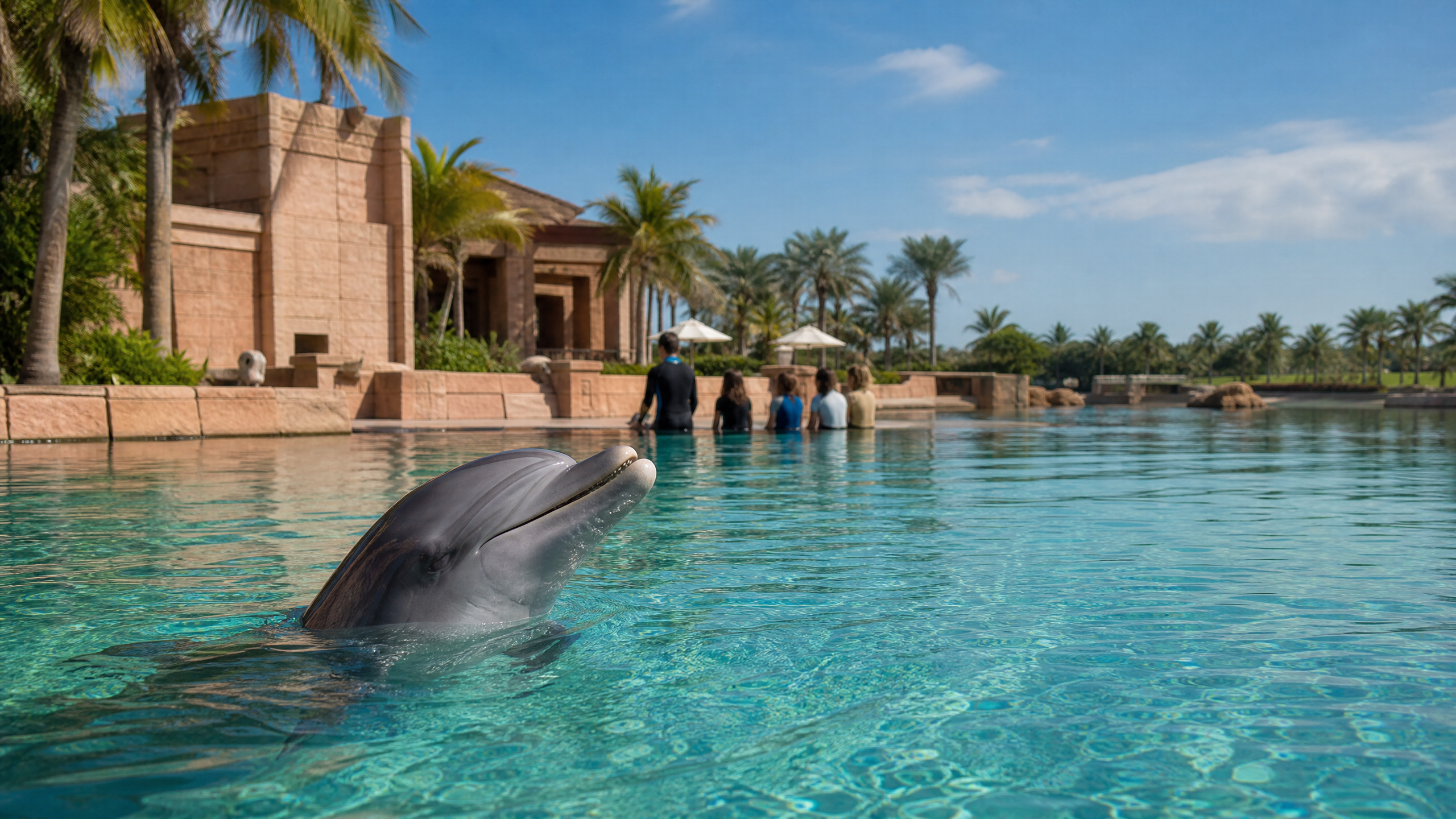 Dolphin surfacing in a Dubai resort lagoon during a Dolphin Encounter experience, with visitors in the background.